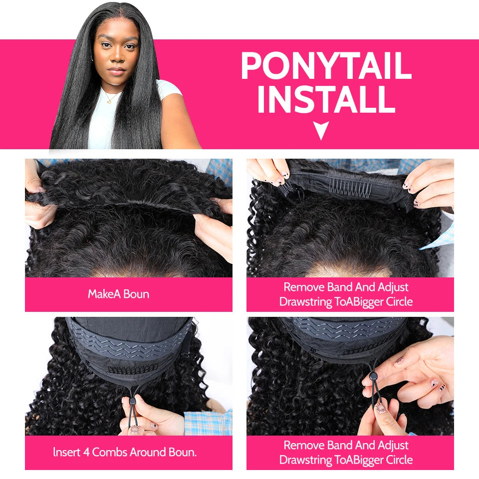 ISEE Hair Half Wigs Kinky Straight Glueless Wigs Human Hair Upgrade 3 IN 1 Half Wig With Drawstring Seamless Clip Ins Flip Over