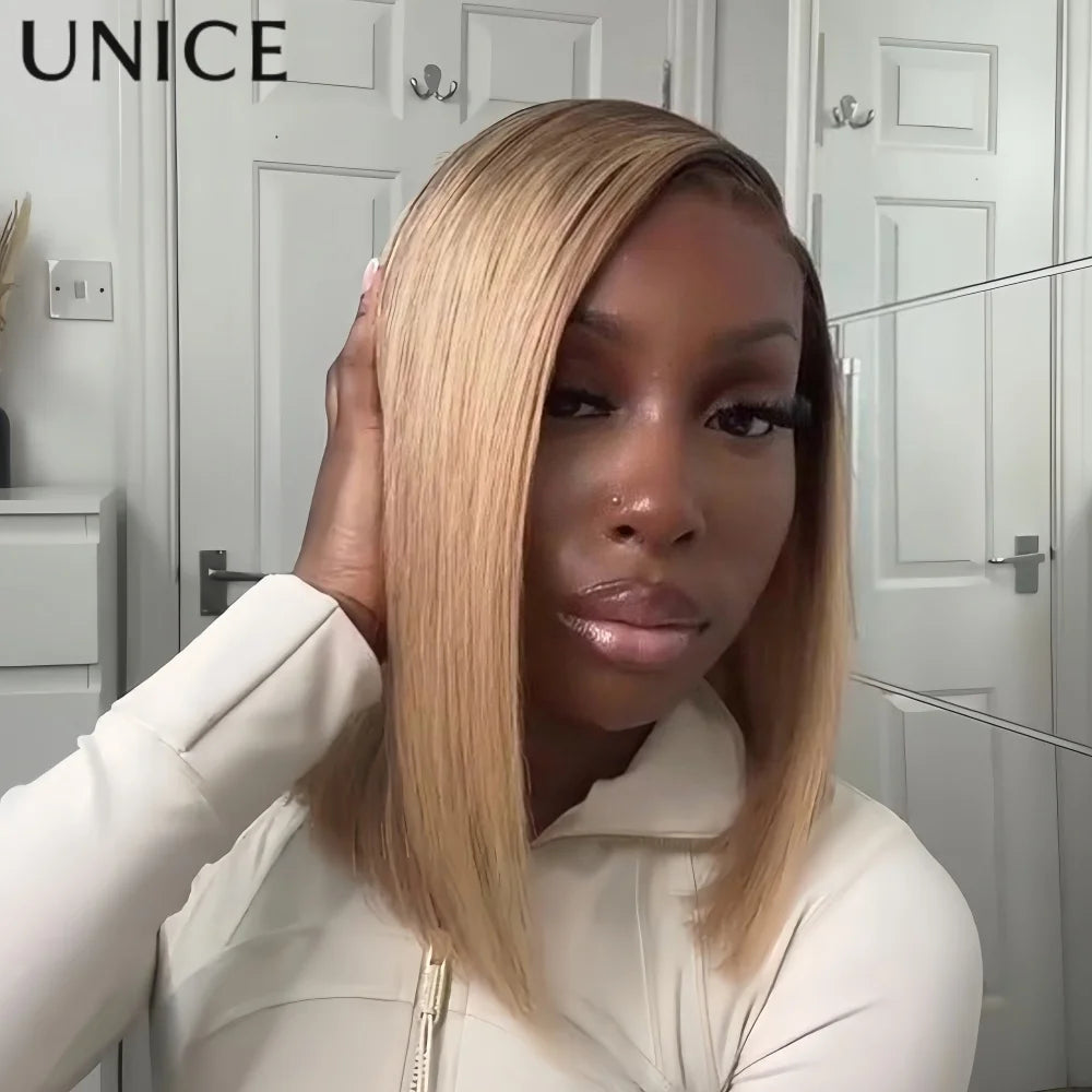 UNice Pre Everything 13x4 Lace Blonde With Brown Roots Bob Human Hair Wig With Invisi Drawstring
