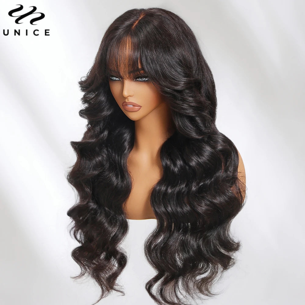 Unice Hair Loose Wave 13x4 Human Hair Lace Frontal Wig With Bangs Pre Cut Pre Bleached Pre Plucked Lace Front Human Hair Wig