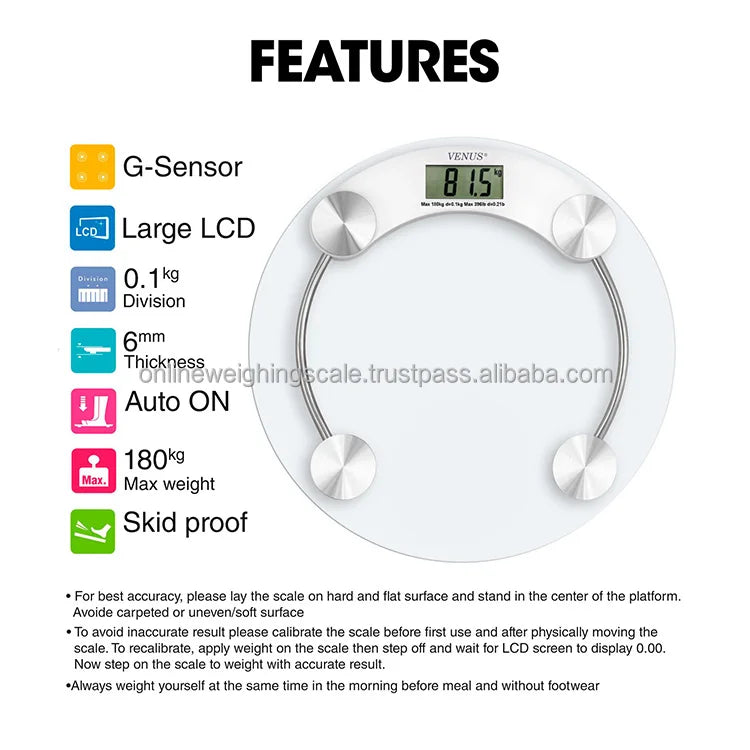 Transparent 180 kg Tempered Glass Body Eco-Friendly Durable Non-Slip Adjustable Bathroom Weighing Scale High Strain Gauge Sensor