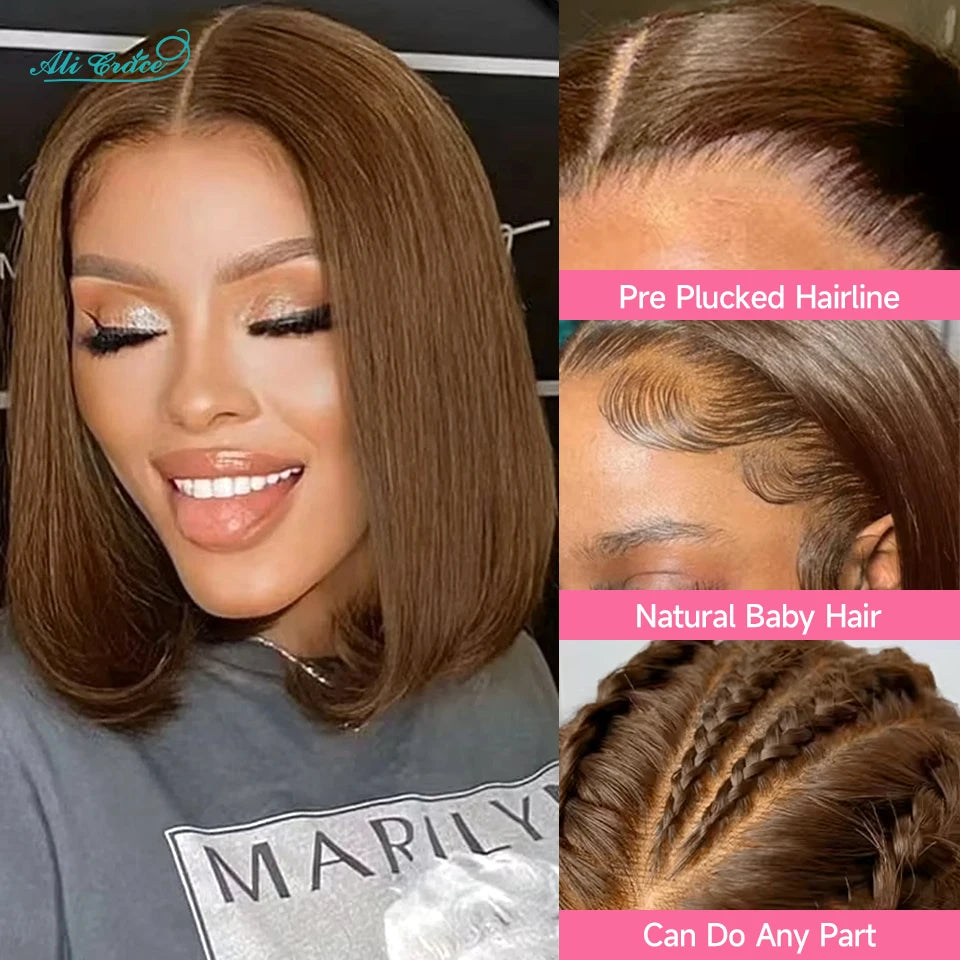 Ali Grace Hair Bone Straight Bob Wig Chocolate Brown Lace Front Human Hair Wigs PrePlucked Short Bob Wig HD Transparent Lace Wig