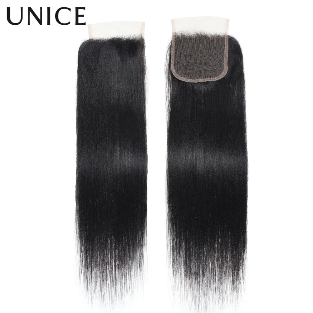 UNICE Hair Yaki Straight Human Hair Bundles With Closure Deal 2/3/4 PCS Bundles Hair And 1PC Free Part 4x4 Inch Lace Closure