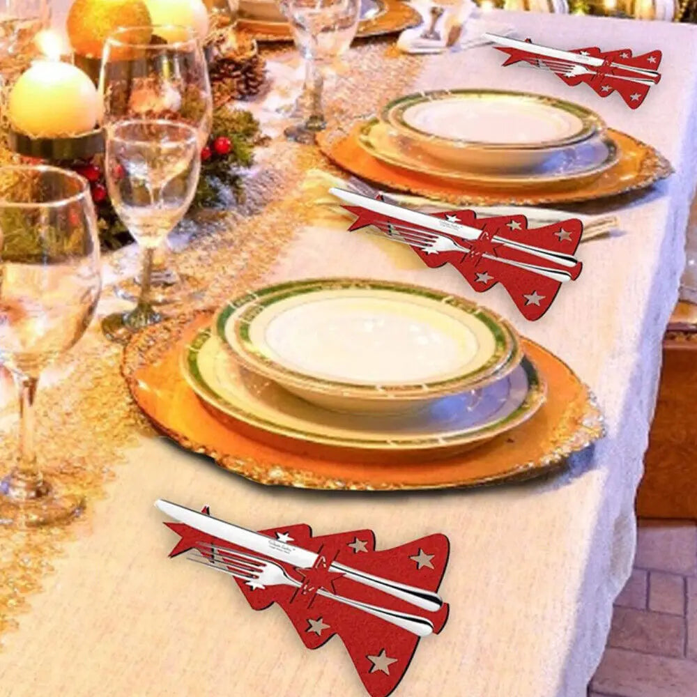 New 10-1PC Christmas Tree Cutlery Knife Fork Covers Table Decor Xmas Tableware Pocket Holder Bag New Year Xmas Party Decor Gifts