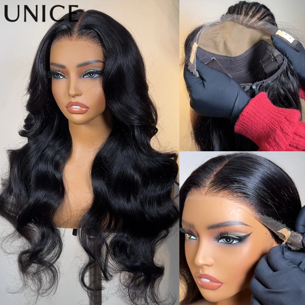 UNice Hair Real Scalp 13x4 Frontal HD Lace Wigs With Invisible Drawstring Pre Everything Glueless Body Wave Human Hair Wigs 180%
