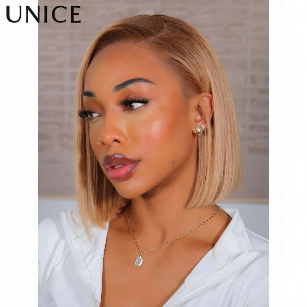 UNice Pre Everything 13x4 Lace Blonde With Brown Roots Bob Human Hair Wig With Invisi Drawstring