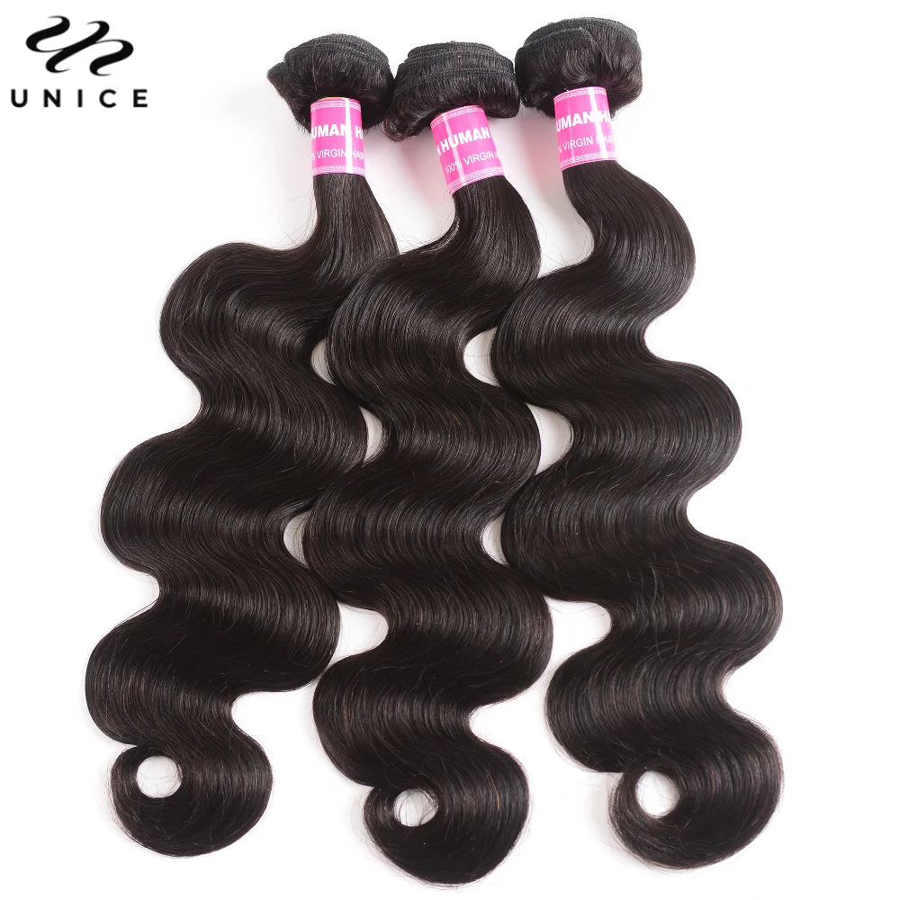 UNice Body Wave Human Hair Bundles With Closure Natural Color 100% Human Hair Bundles 3PCS With 4x1 / 4x4 / 5x5 HD Lace Closure