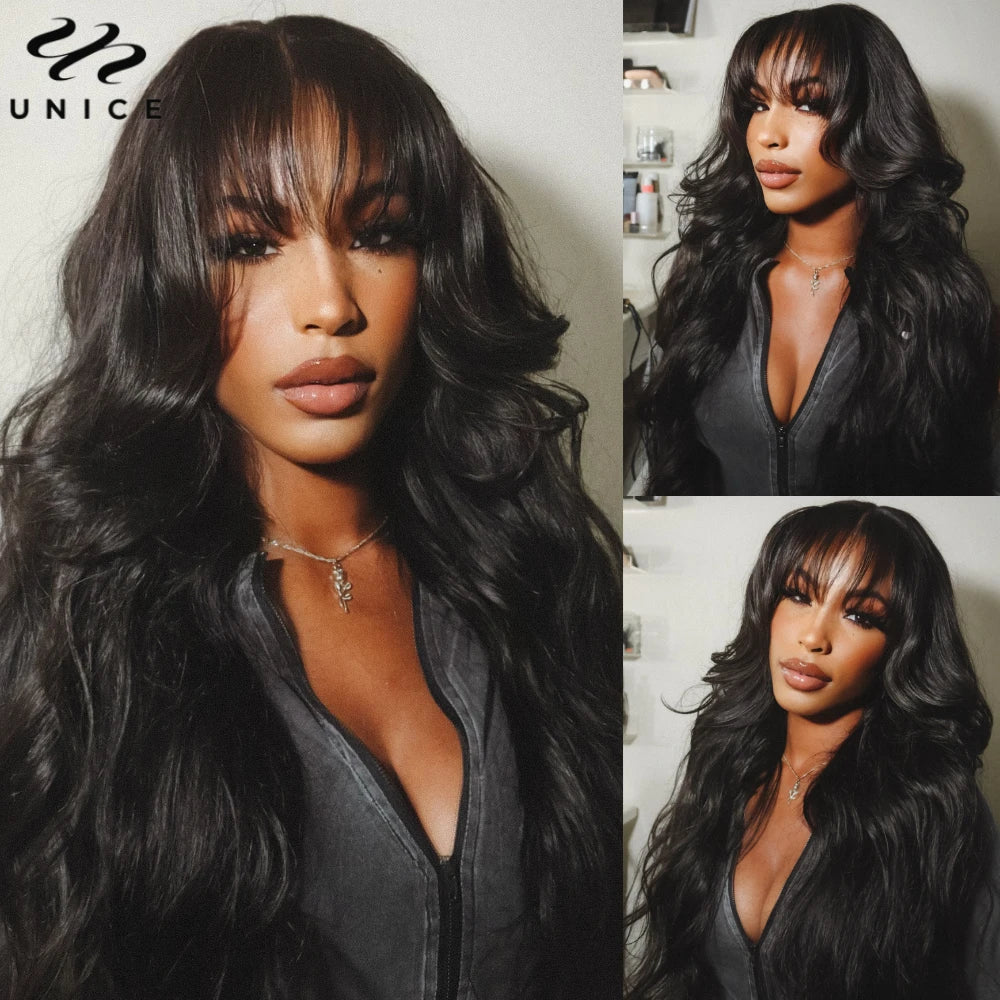 Unice Hair Loose Wave 13x4 Human Hair Lace Frontal Wig With Bangs Pre Cut Pre Bleached Pre Plucked Lace Front Human Hair Wig