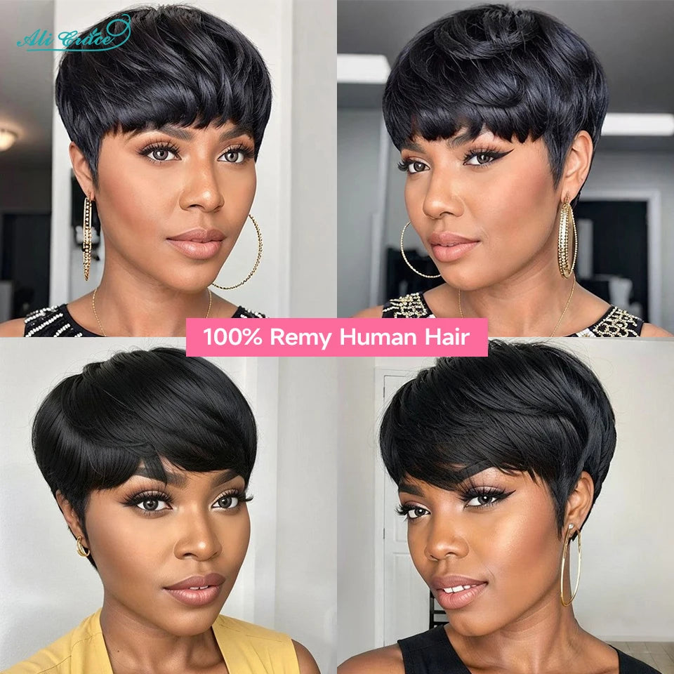 Short Bob Pixie Cut Wigs For Black Women Straight Human Hair Machine Made Wigs With Bangs Brazilian Remy Hair Wig Ready To Go