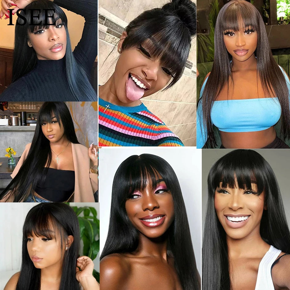 ISEEHAIR Machine Made Sew In Wig Human Hair Straight Wig  Malaysian Straight Wig with Bang Natural Color For Women Wigs No Glue