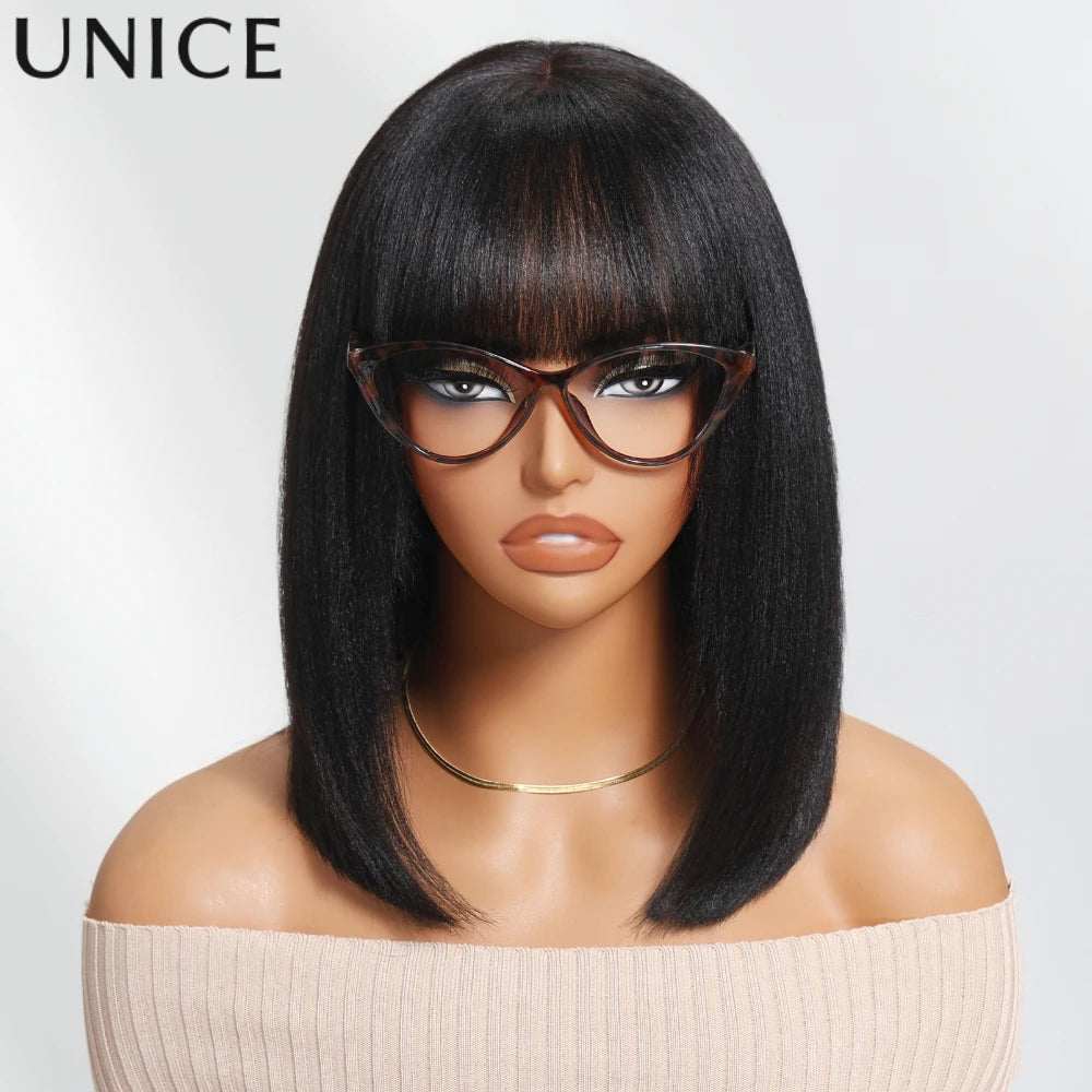 Unice Hair Yaki Straight Bob Wig With Bangs Real Scalp Middle Part 4x2 Lace Glueless Wig Human Hair Ready To Wear 150% Density