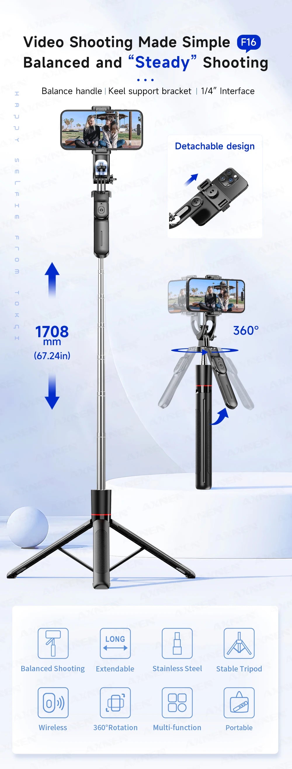 AXNEN New 1.7M Wireless Selfie Stick Tripod Foldable Stand For Gopro Action Camera Smartphones Balance Steady Shooting Live Vlog