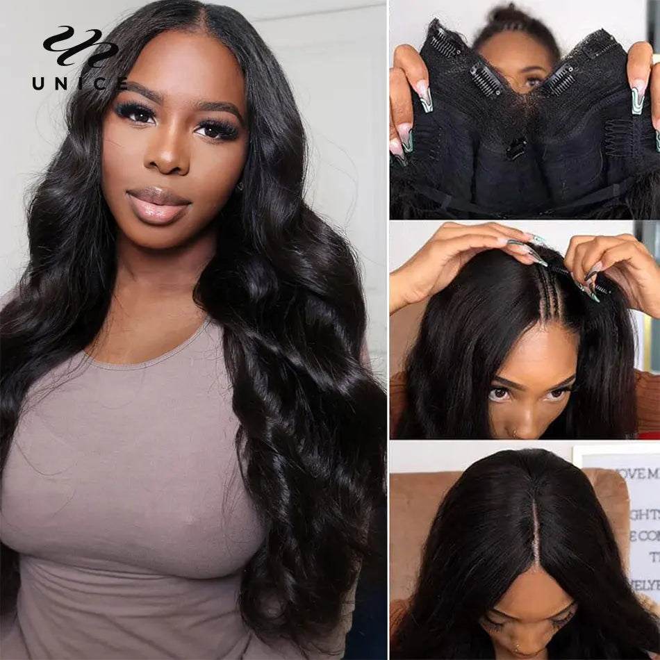UNice Hair Body Wave V Part Wig Human Hair Natural Color Upgrade U Part Wig Minimal Leave Out No Lace No Glue Wig 150% Density