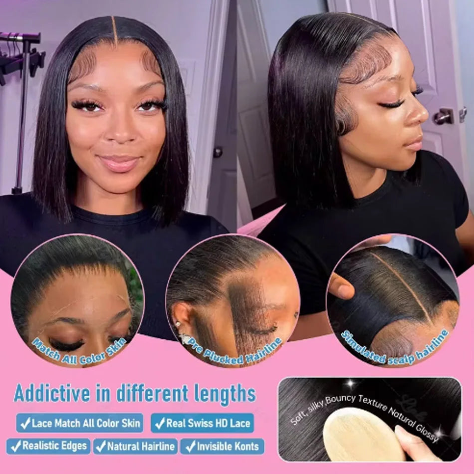 Premium 14 Inch Glueless Bob Wig - 100% Brazilian Remy Human Hair HD Lace Frontal Wig