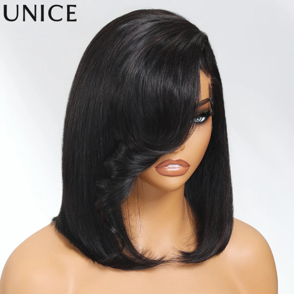 UNice 4x4 Lace Closure Bob Human Hair Wig With Side Swept Bangs & Bye Bye Knots 7x5 Lace Pre Cut Pre Bleached Glueless Wig
