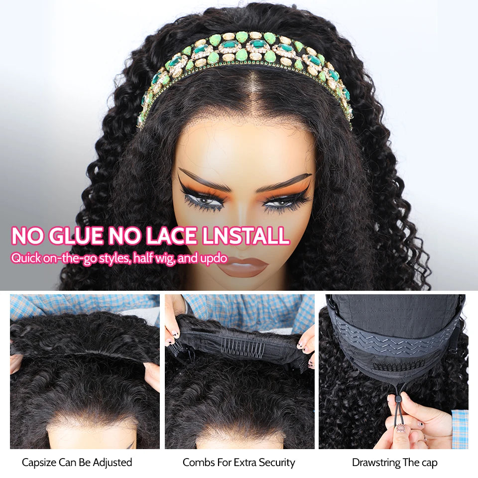 ISEE Kinky Straight Glueless Wigs Human Hair Wigs Upgrade 3 IN 1 Half Wig With Drawstring Seamless Clip Ins Flip Over
