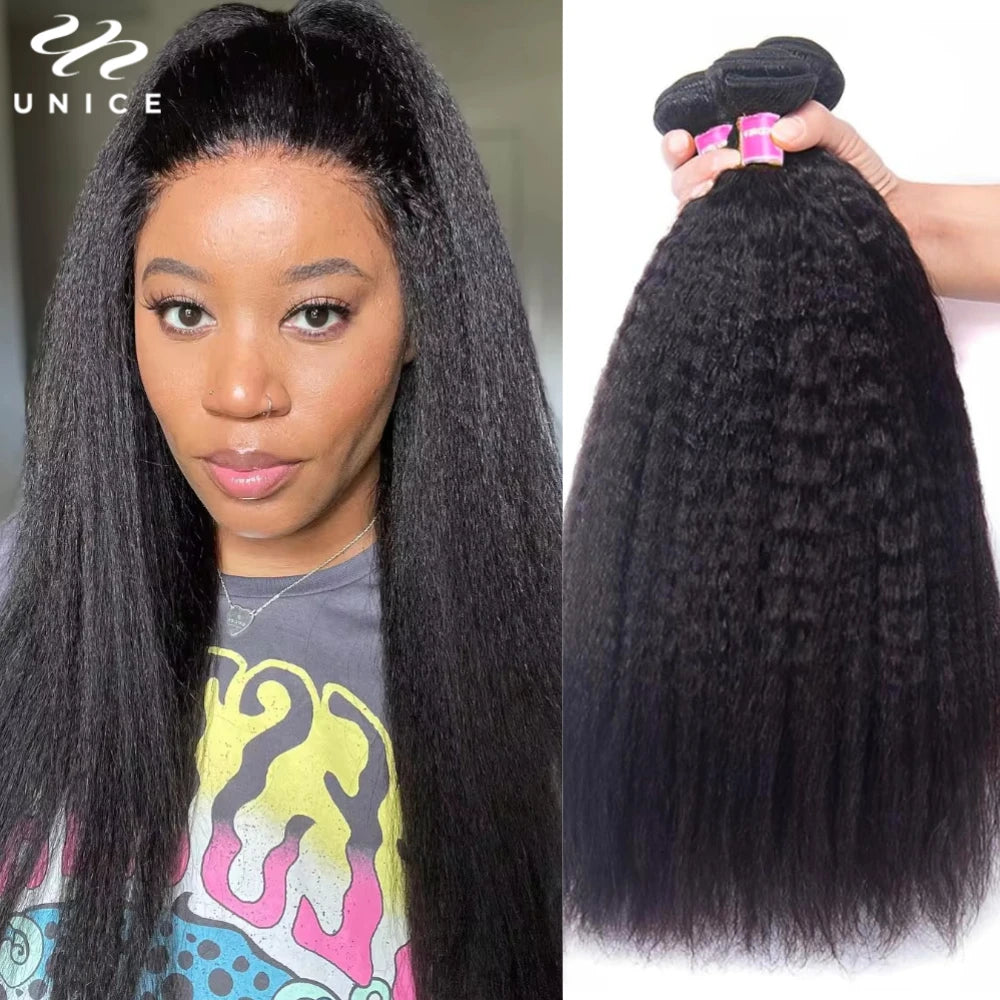 UNice Hair Kinky Straight Human Hair Bundles 3PCS Deal 100% Human Hair Natural Color Sew In Bundles Quick Weave