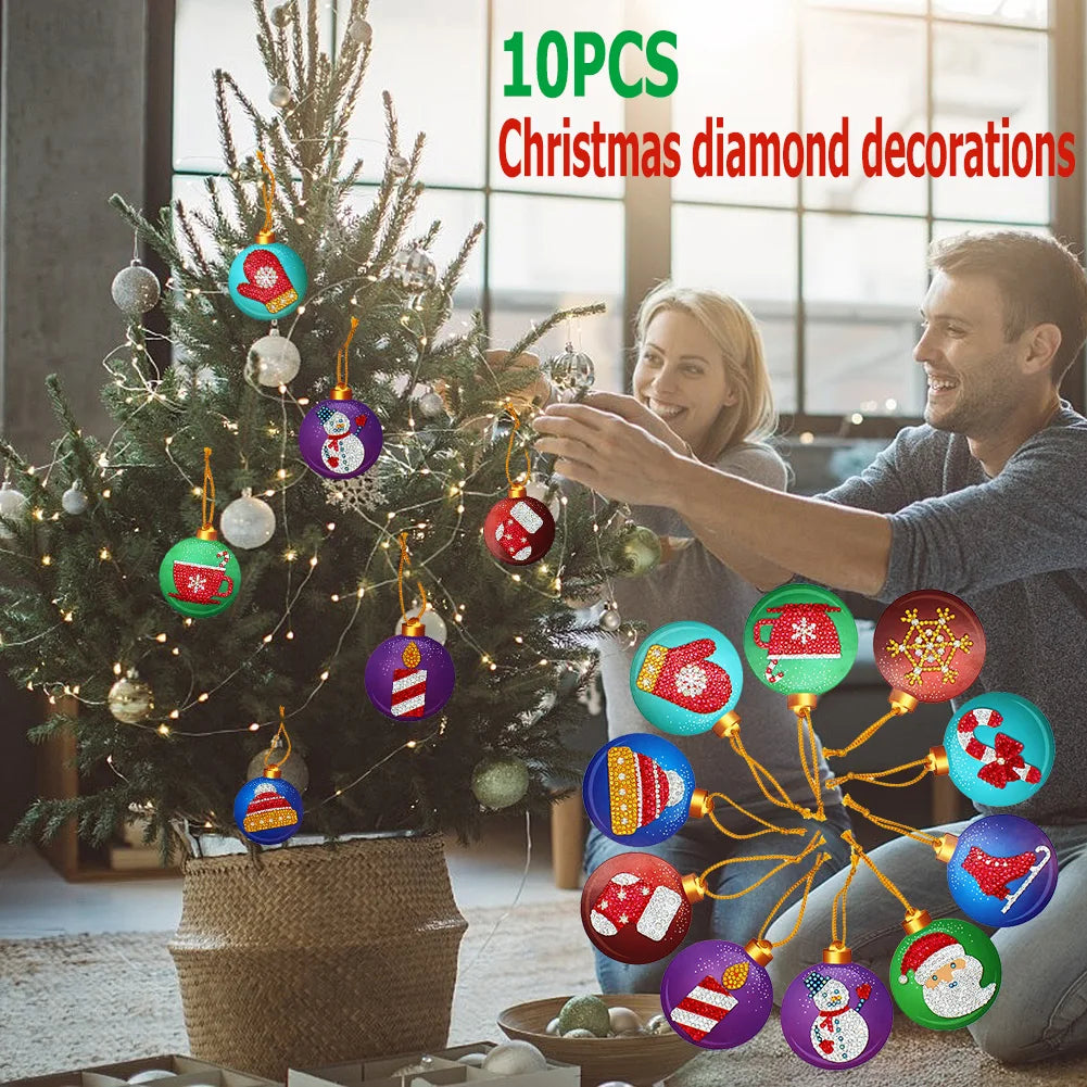 10pcs Christmas Diamond Key Chain Kits Exquisite 5D DIY Single Sided Diamond Art Keychain Colourful for Christmas Decor