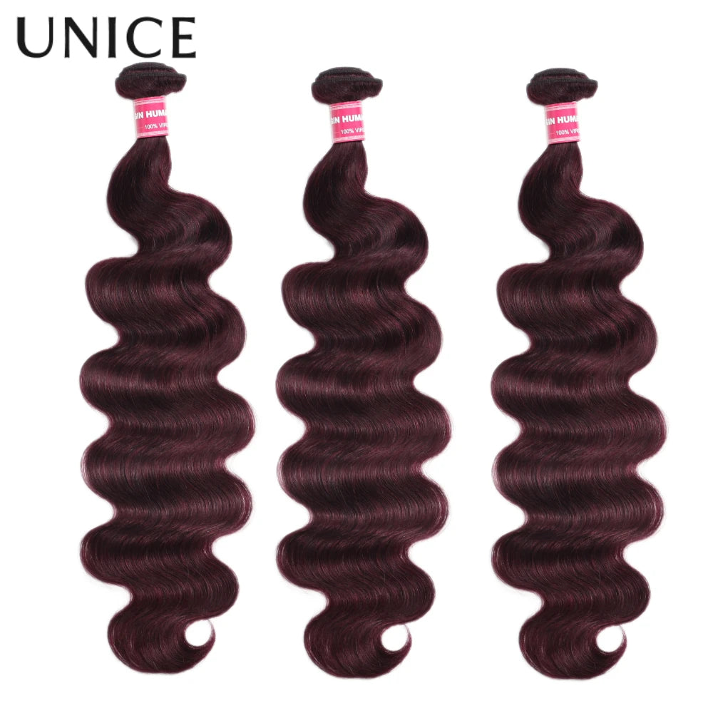 UNICE Hair Black Cherry Body Wave Human Hair 2/3/4 Bundles With 4x4 Lace Closure