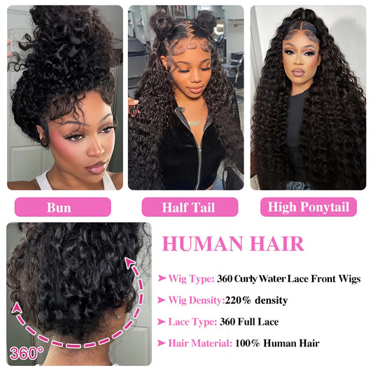 250Density Hidden Strap HD 360 Full Lace Glueless Wig Human Hair Curly Water Wig Invisible Strap 360 Lace Frontal Wig PrePlucked