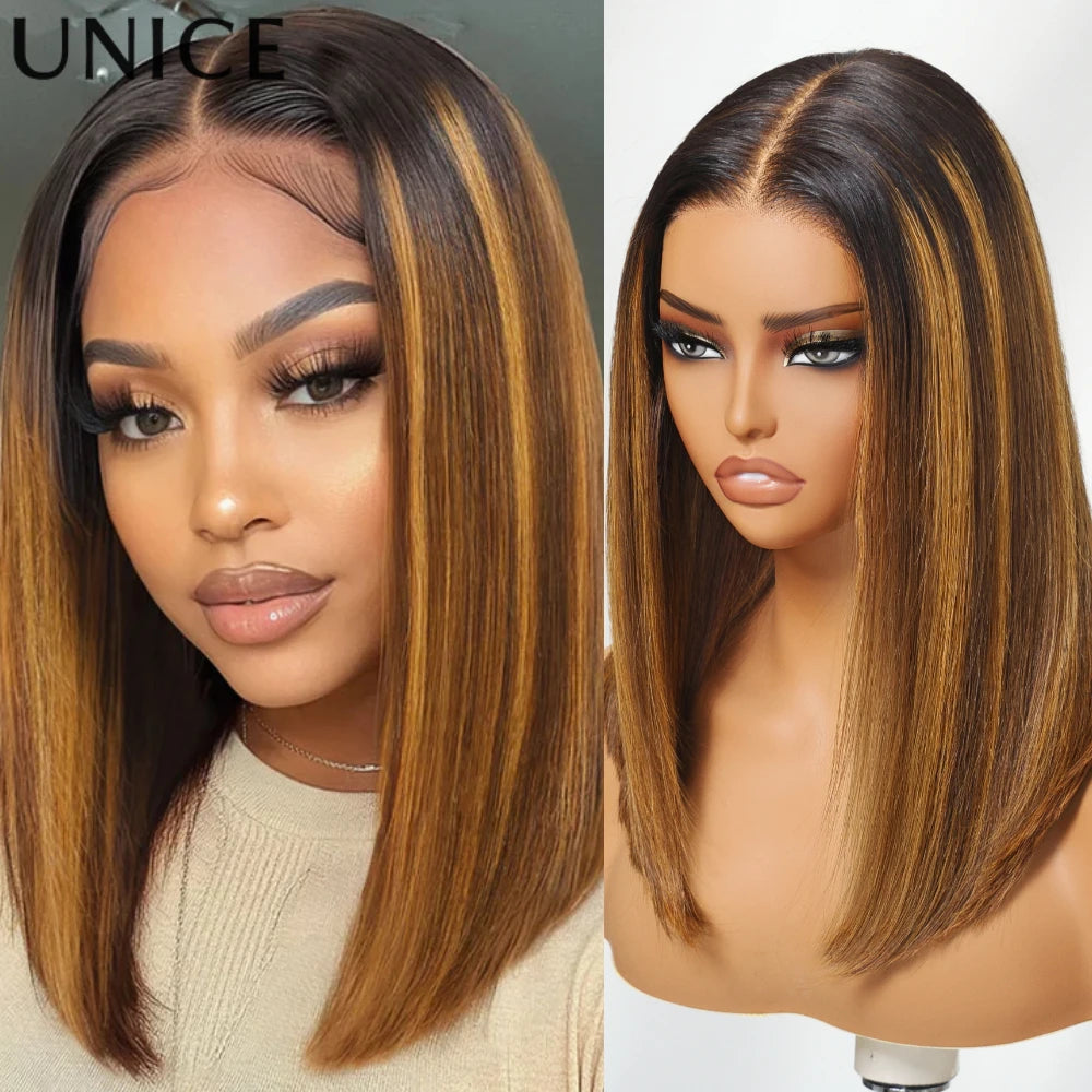 UNice Brown With Blonde Piano Highlights Blunt Bob Wig With Dark Roots Pre Everything 7x5 13x4 Lace Frontal Human Hair Wigs
