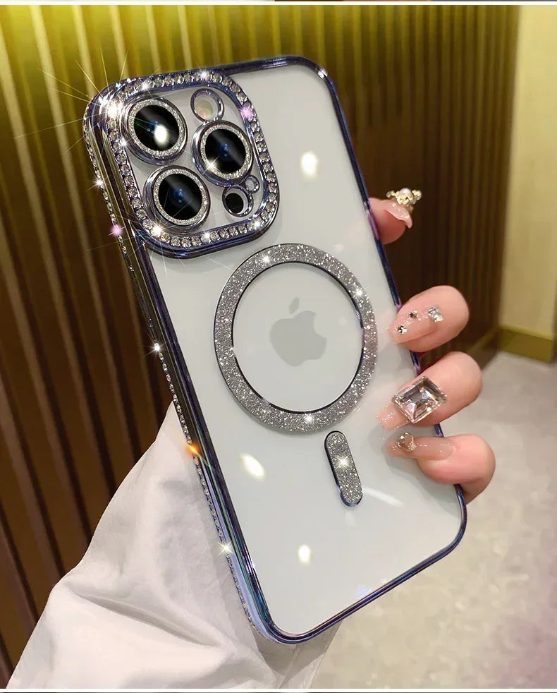 New Fashion Glitter Diamond Transparent Case For iPhone 16 15 14 13 17 12 Pro Max 16 Plus Magnetic Wireless Charge Bumper Cover