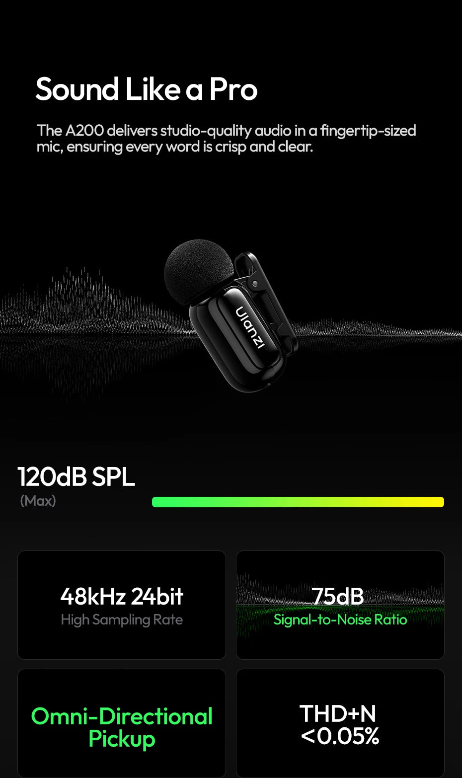 Ulanzi A200 Mini Mic 48kHz/24bit 100m Wireless Range SNR 75dB for Livestreaming Street Interviews Vlogging Wedding Videography