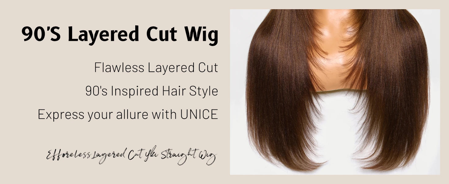 UNICE #4 Brown Color Yaki Straight Lace Wig With Bangs Layered Cut 4x2 Middel Part Lace Front Human Hair Wig 150% Density