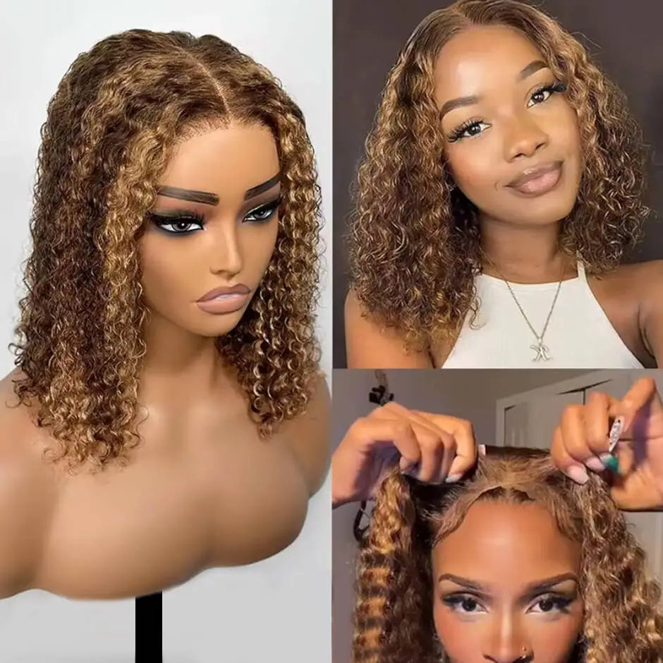 ISEE Highlight Brown Kinky Curly Half Wig Draw-strings Flip Over Wig1B/30 Half Human Hair Wigs Kinky Curly Upgrade Glueless Wigs
