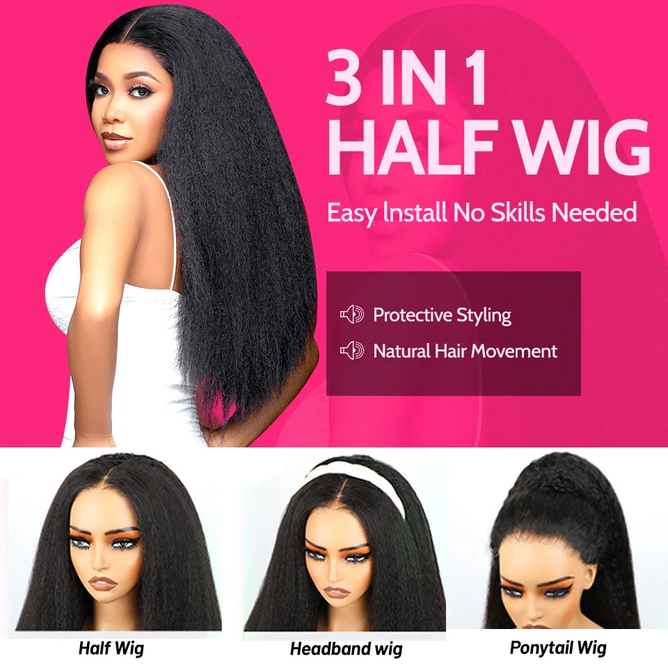 ISEE Kinky Straight Glueless Wigs Human Hair Wigs Upgrade 3 IN 1 Half Wig With Drawstring Seamless Clip Ins Flip Over