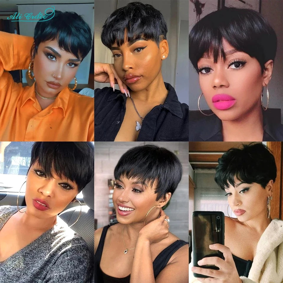 Short Bob Pixie Cut Wigs For Black Women Straight Human Hair Machine Made Wigs With Bangs Brazilian Remy Hair Wig Ready To Go