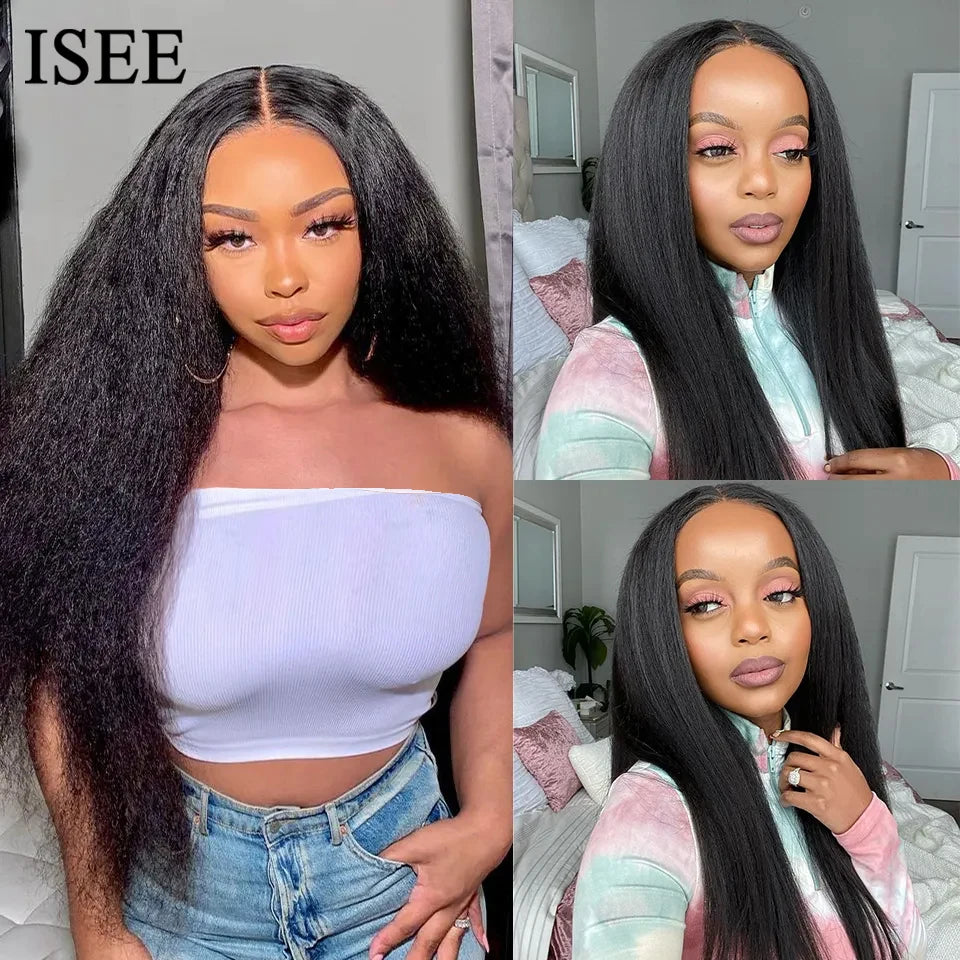 Wear Go Glueless Wigs ISEE Hair Brazilian Kinky Straight 7x5 HD 100% Glueless Preplucked Human Wigs Ready To Go Pre Cut No Glue