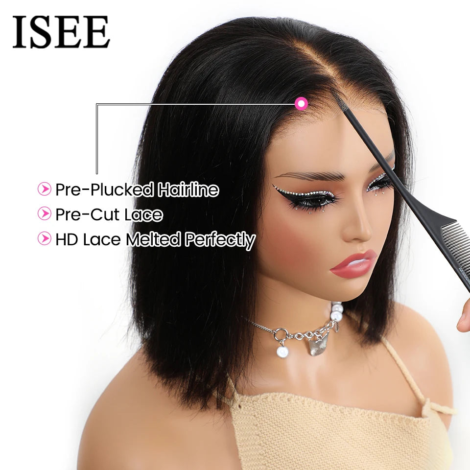 ISEE HAIR Wear And Go Glueless Human Hair Wig Bob HD Lace Straight Short Bob 7x5 Lace Frontal Pre Plucked Human Wigs Ready To Go