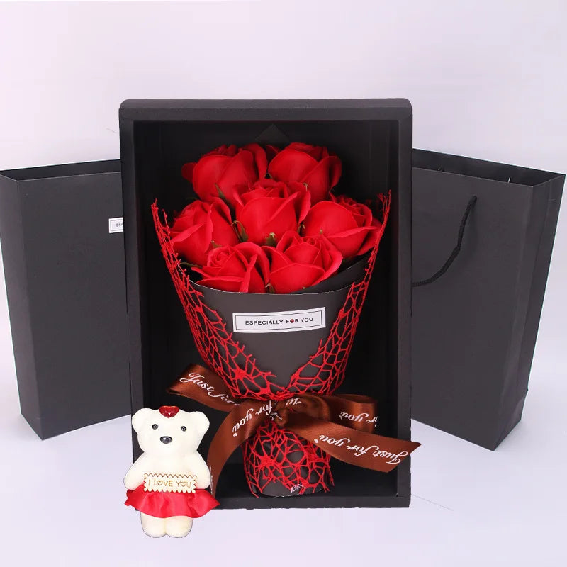 7 Heads Artificial Rose Bouquet Little Bear Gift Box Handmade False Flower Bouquet Mother's Day Birthday Party Gifts Home Decor
