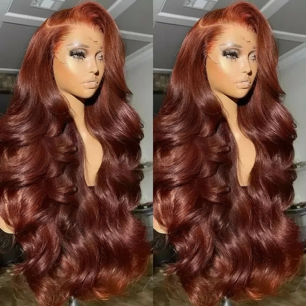 Premium 250% Density Auburn Reddish Brown Body Wave Lace Front Wig - 30-32 Inch Brazilian Human Hair HD Lace Wig