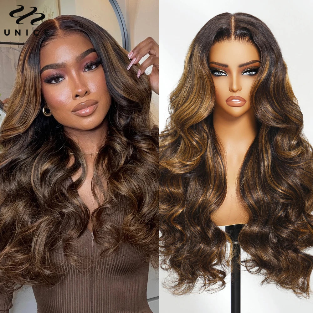 UNice Hair Drawstring Cap 13x4 Human Hair Lace Frontal Wig With Bangs FB30 Balayage Body Wave Wig Pre Everything Glueless Wigs