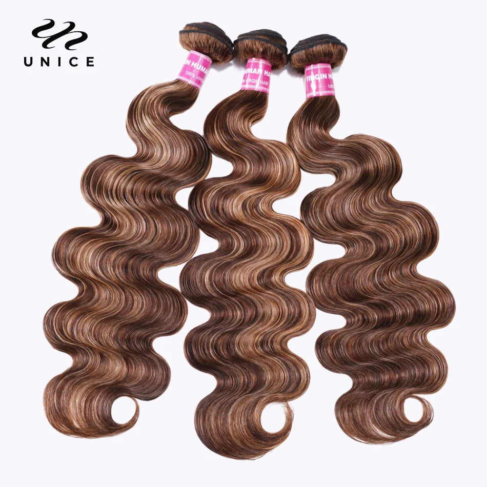 Unice Hair Blonde Highlight Body Wave Human Hair Bundles 1/3/4 Bundles 100% Human Hair Quick Weave Sew In Hair Extensions
