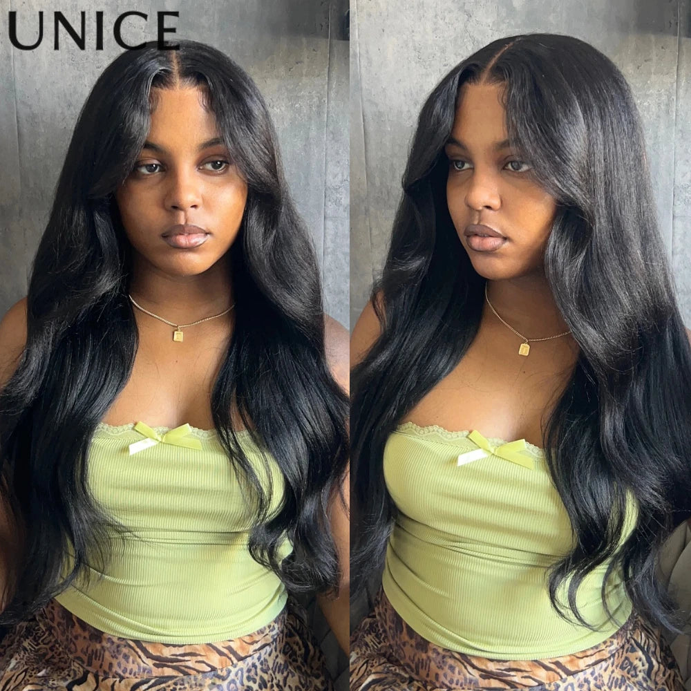 Unice Hair Wavy Yaki Straight Wig With Flip Out Bang 7x5 Pre Cut Pre Bleached Glueless Wig Human Hair Ready To Wear 150% Density