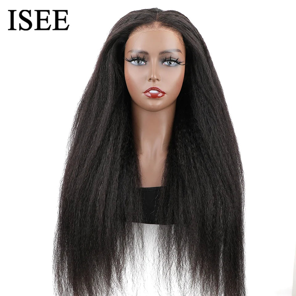 ISEE Hair Wear Go Glueless Wig Kinky Straight Human Hair Wigs 6X4 HD Lace Front Wig Pre Cut PrePlucked Closure Wigs For Women
