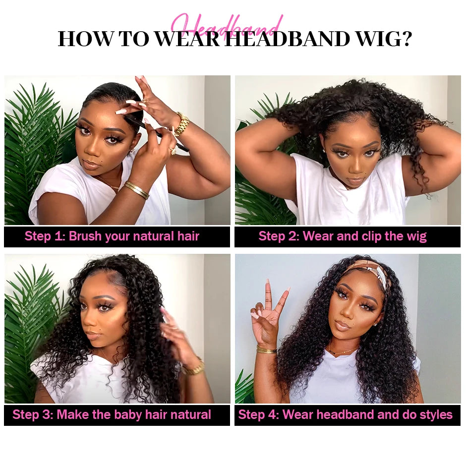 Kinky Curly Women's Headband Wig ISEE HAIR Scarf Wig Brazilian Human Hair Wig Sale Deep Curly Headband Wig Natural Hair No GLUE