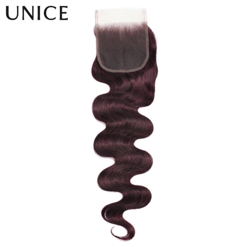 UNICE Hair Black Cherry Body Wave Human Hair 2/3/4 Bundles With 4x4 Lace Closure