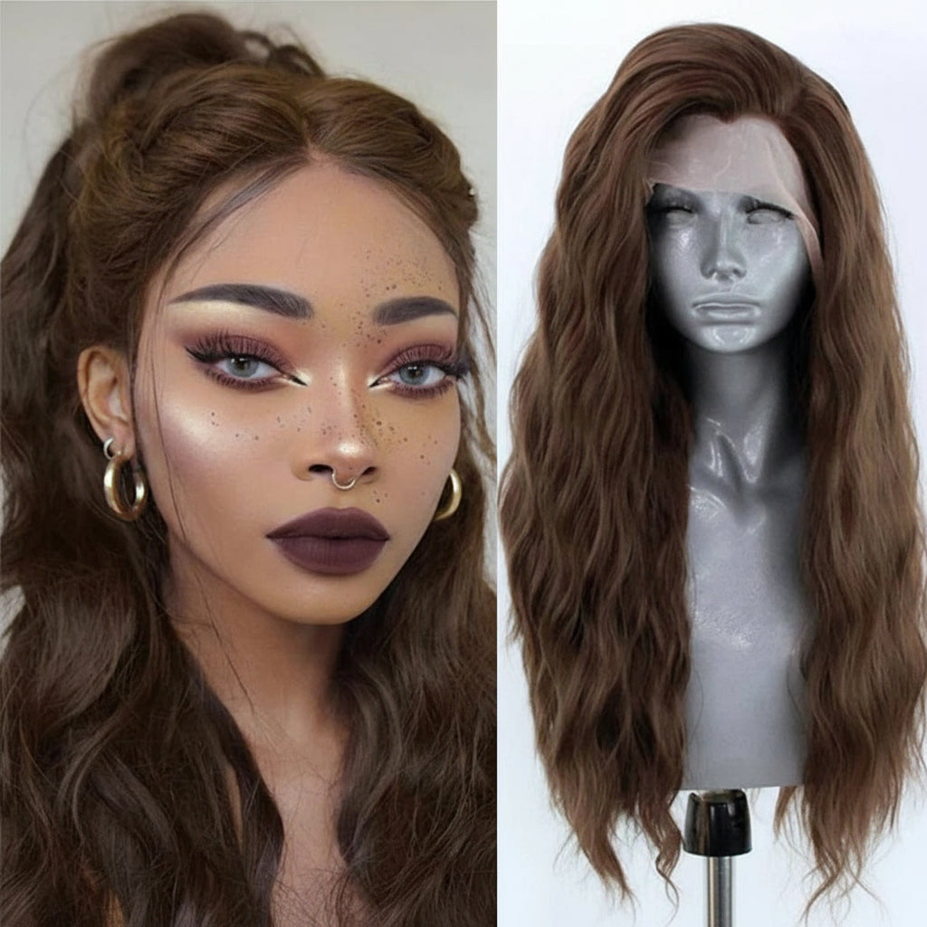 Premium Synthetic Lace Front Wig - Natural Wavy Brown Hair for Black Women | Pre-Plucked Swiss Lace