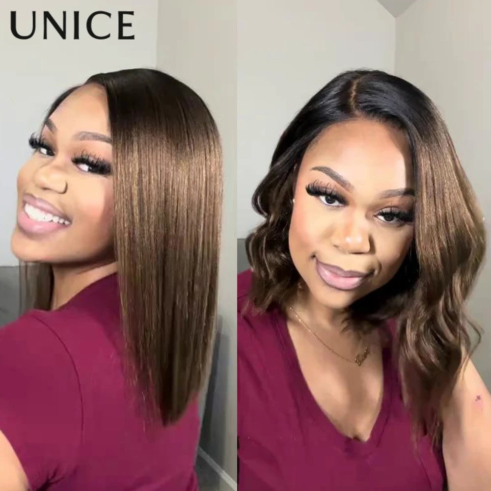 Unice Hair 7x5 Bye-Bye Knots Chestnut Brown Ombre Yaki Straight Bob Wig Human Hair Pre Cut Pre Bleached Glueless Wig