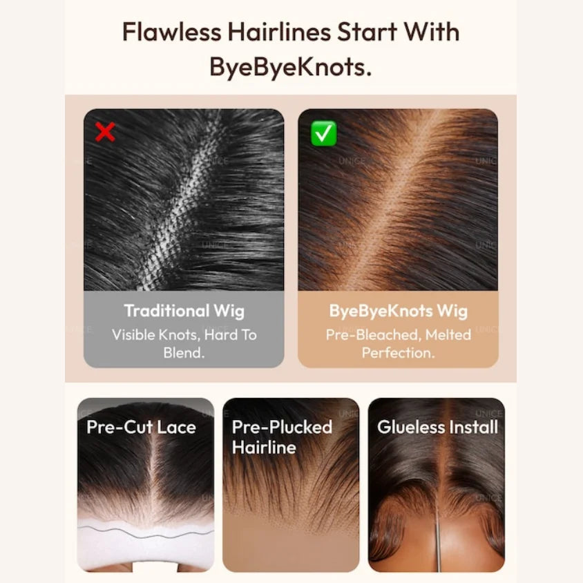 UNice Bye-Bye Knots 7x5 Lace Black To Chestnut Brown Ombre Yaki Straight Human Hair Wig With Invisi Drawstring & Loose Wave Wig