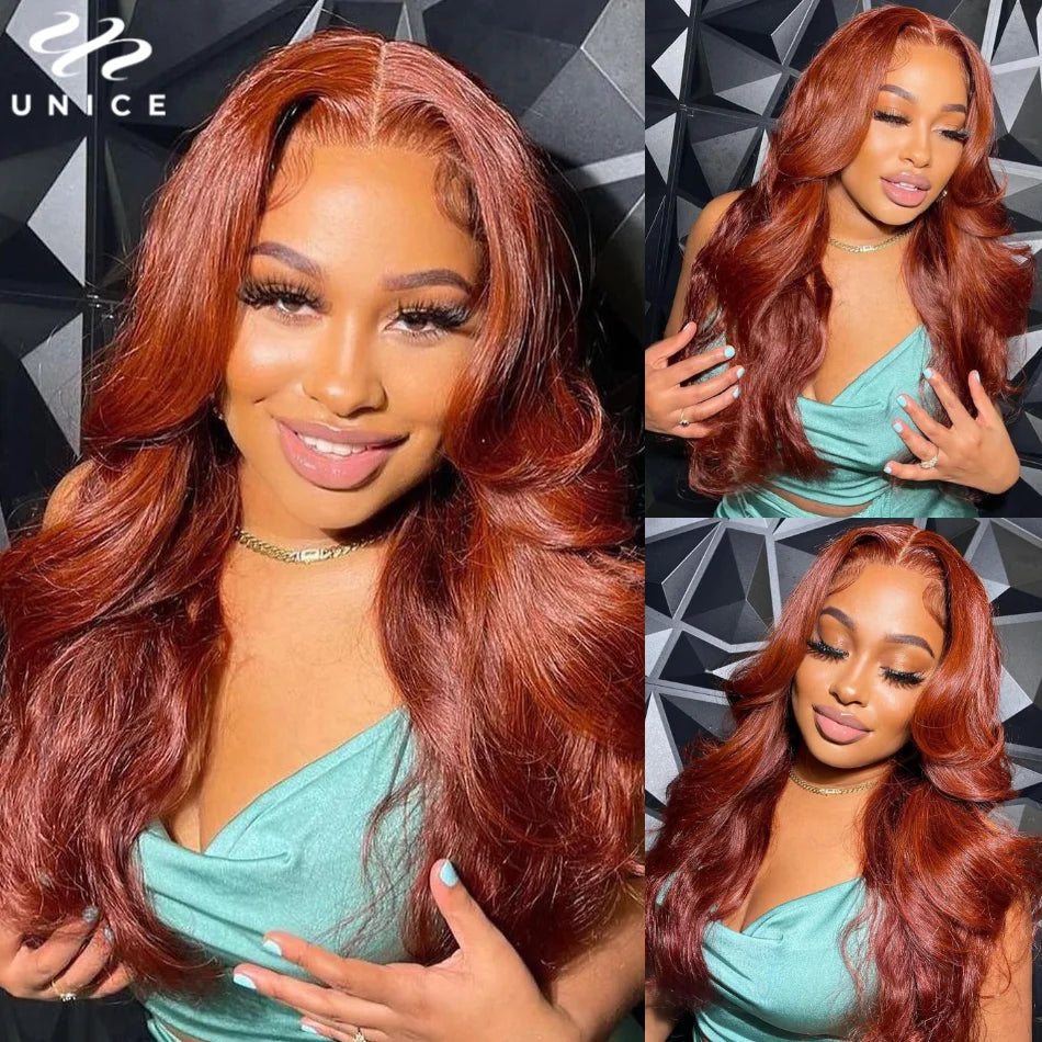 UNice Hair Pre Cut Pre Bleached 7x5 Glueless Wig Human Hair Reddish Brown Color Body Wave Lace Front Human Hair Wig 150% Density