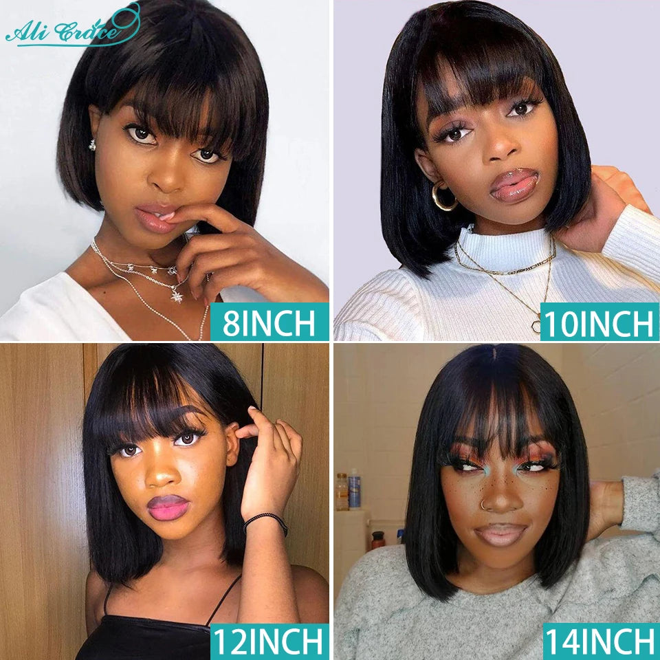 Ali Grace Brazilian Straight Bob Wig With Bangs Machine Made Wig Natural Color Human Hair Wigs Short Bob Fringe Wigs For Women