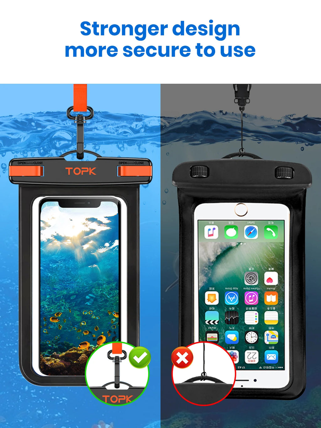 TOPK Waterproof Phone Pouch Case[2 Pack]IPX8 Waterproof Phone Case for Swimming Dry Bag with Clip Strap for iPhone 15 Up to 7”