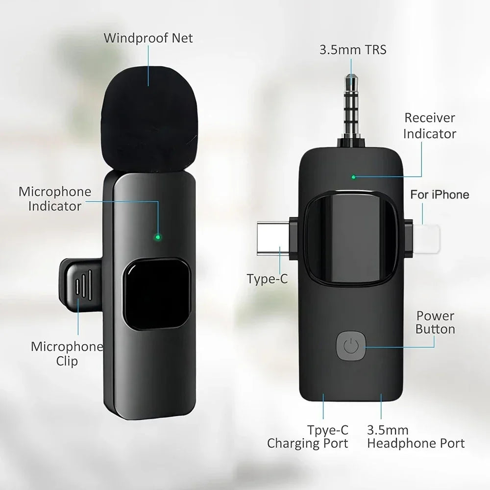 Basix Professional 4in1 Wireless Lavalier Microphone for iPhone Android 3.5mm for Live Recording Noise Cancelling Mini Microphon