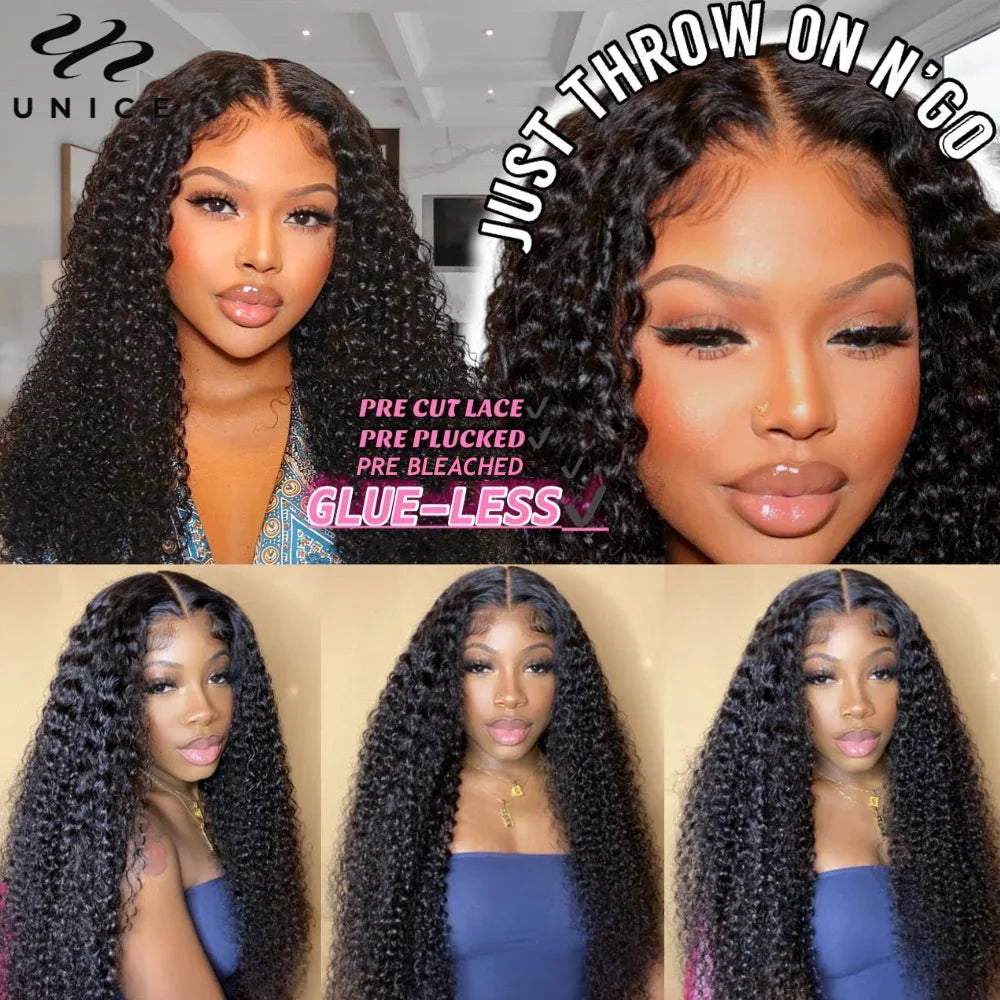 Unice Hair Jerry Curly Wig With Coily Edges 7x5 Lace Pre Cut Pre Bleached Glueless Wig Human Hair Ready To Wear 150% Density
