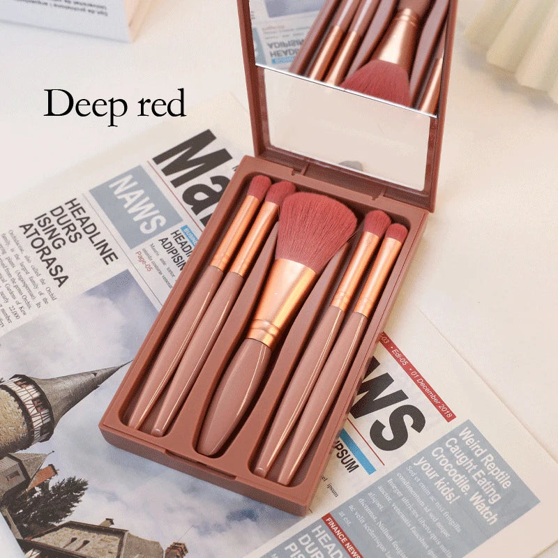 5pcs Mini Makeup Brush Set with Mirror - Multifunctional Travel Cosmetic Brushes, Unscented, Palm Brush Design Makeup Tools