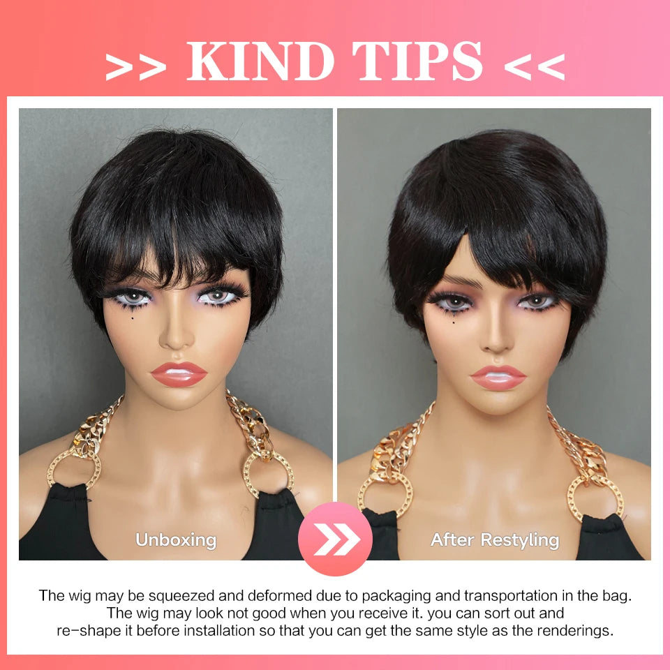 Short Bob Pixie Cut Wigs For Black Women Straight Human Hair Machine Made Wigs With Bangs Brazilian Remy Hair Wig Ready To Go